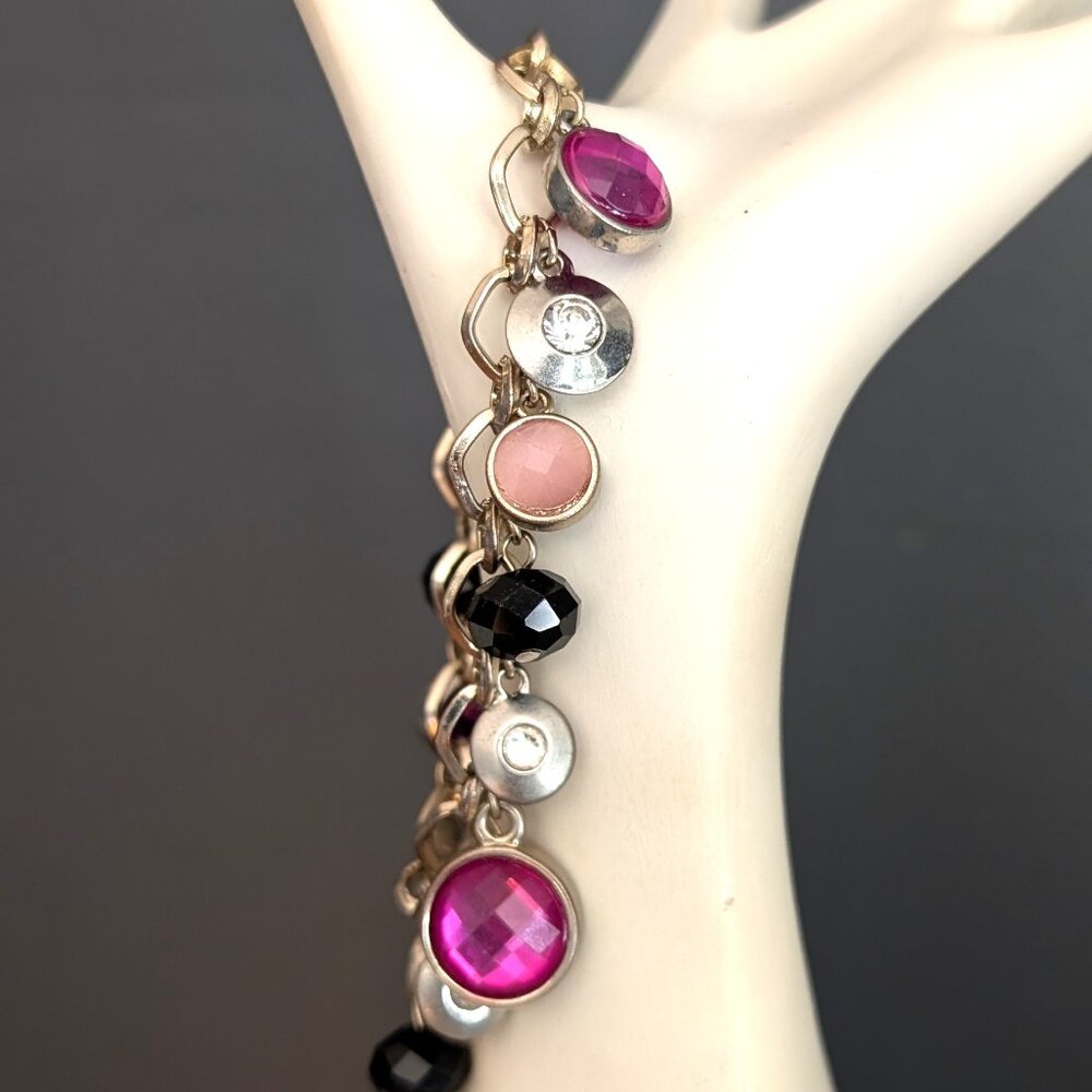 Charm style silver, hot pink, light pink and black bracelet